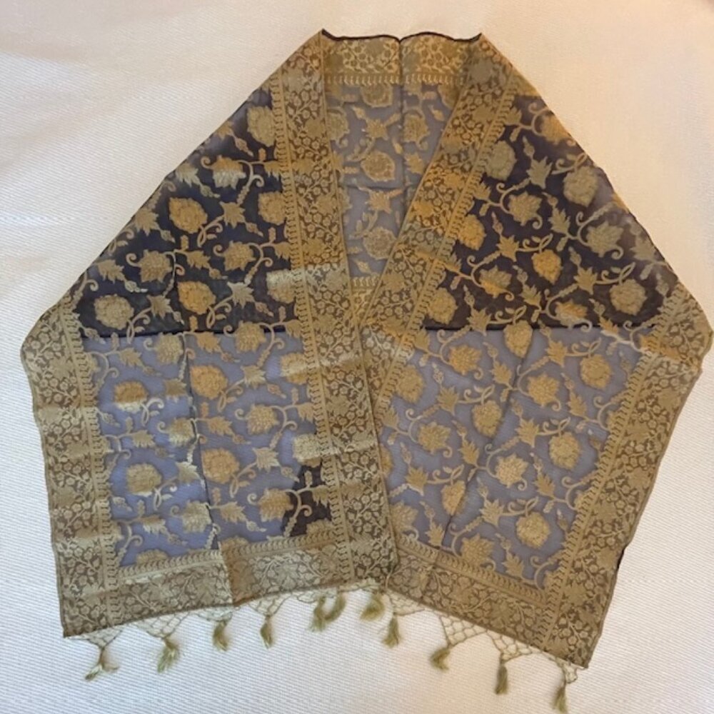 Elegant Vintage Style Deep blue & Gold See-Through Shawl Wrap with Tassels